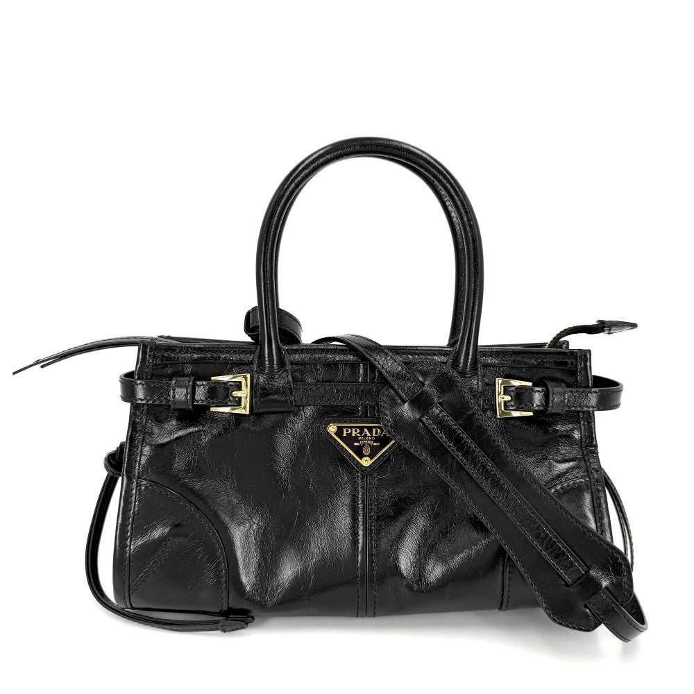 PRADA プラダ 2WAY ボニーミニ ハンドバッグ ショルダーバッグ トライアングルロゴ トートバッグ 1BA486 レザー ブラック 黒 ゴールド金具 レディース【中古品】