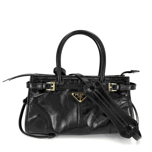 PRADA プラダ 2WAY ボニーミニ ハンドバッグ ショルダーバッグ トライアングルロゴ トートバッグ 1BA486 レザー ブラック 黒 ゴールド金具 レディース【中古品】