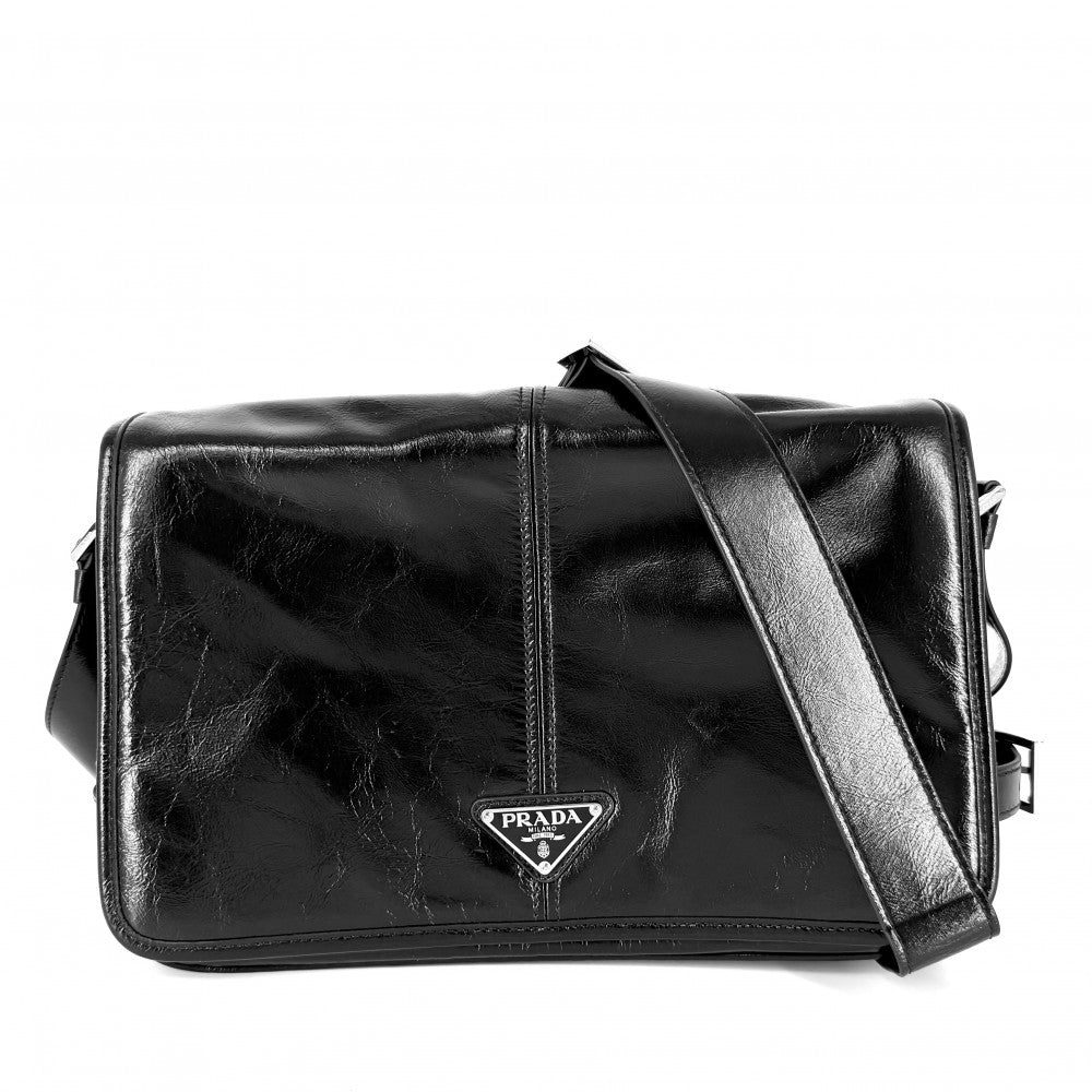 PRADA プラダ ショルダーバッグ トライアングルロゴ ソフトルックスレザー 2VD073 レザー ブラック 黒 シルバー金具 ユニセックス【中古品】