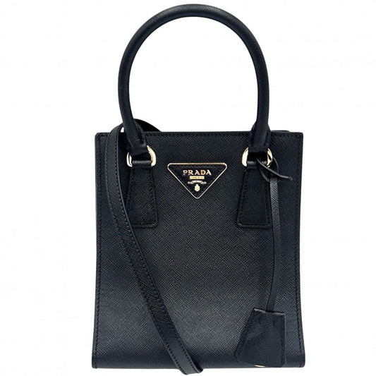 PRADA プラダ 2WAY トライアングルロゴ ミニトートバッグ ハンドバッグ ショルダーバッグ 1BA358 レザー ブラック 黒 ゴールド金具 レディース【中古品】