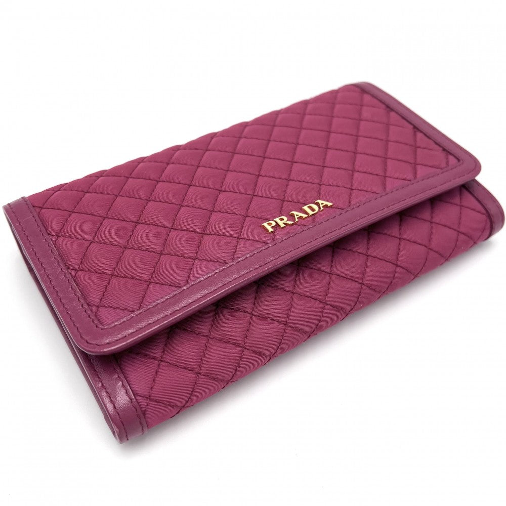 PRADA プラダ チェーンウォレット キルティング ショルダーバッグ ショルダーウォレット 財布 1M1437 ナイロン レザー ピンク ゴールド金具 レディース【中古品】