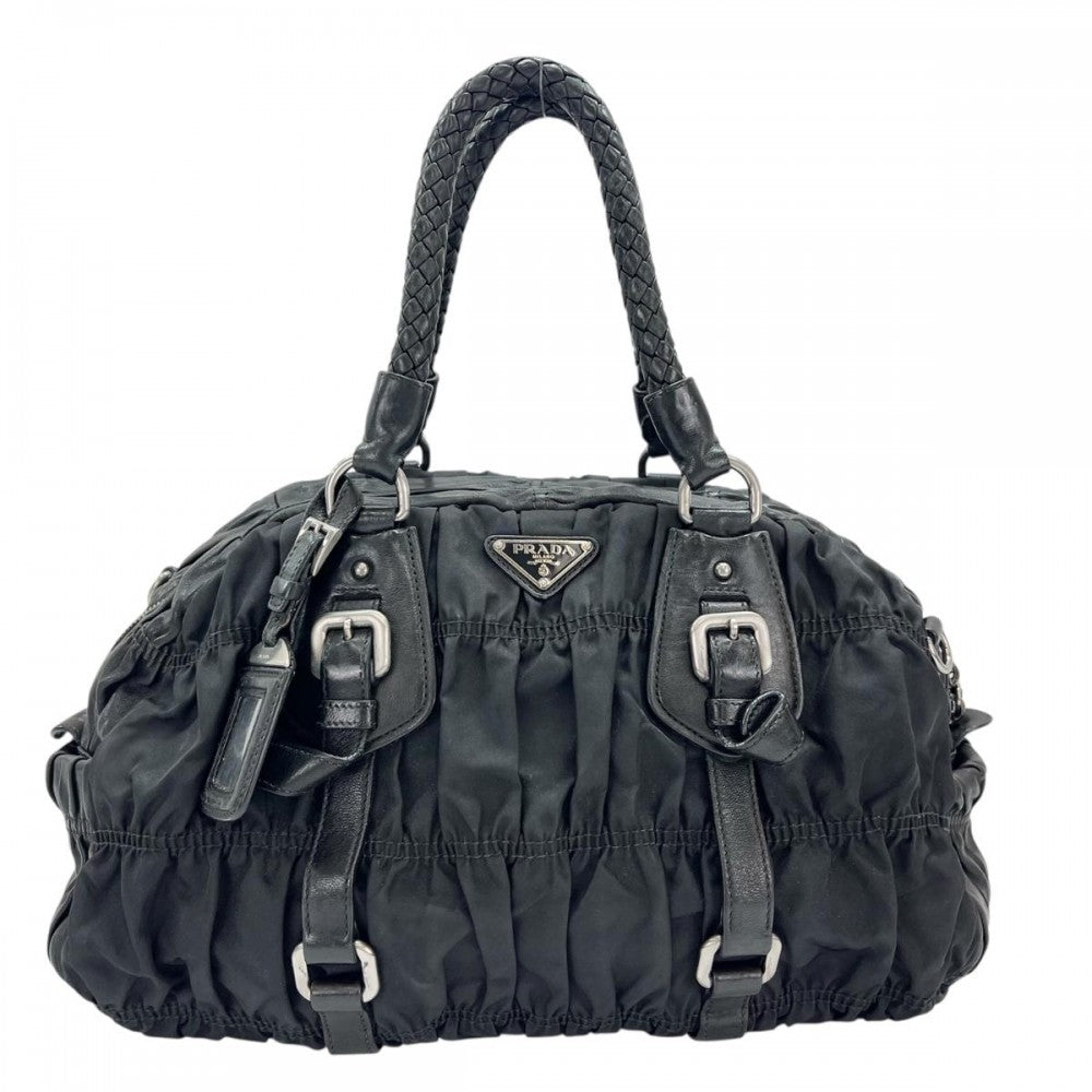 PRADA プラダ ハンドバッグ 三角プレート ロゴ 編み込みハンドル ギャザー レザー ブラック 黒 シルバー金具 レディース【中古品】