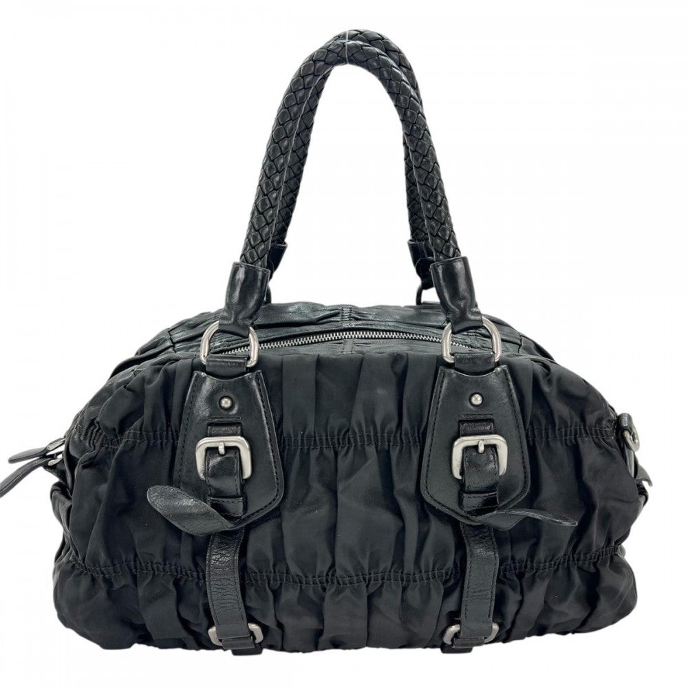 PRADA プラダ ハンドバッグ 三角プレート ロゴ 編み込みハンドル ギャザー レザー ブラック 黒 シルバー金具 レディース【中古品】