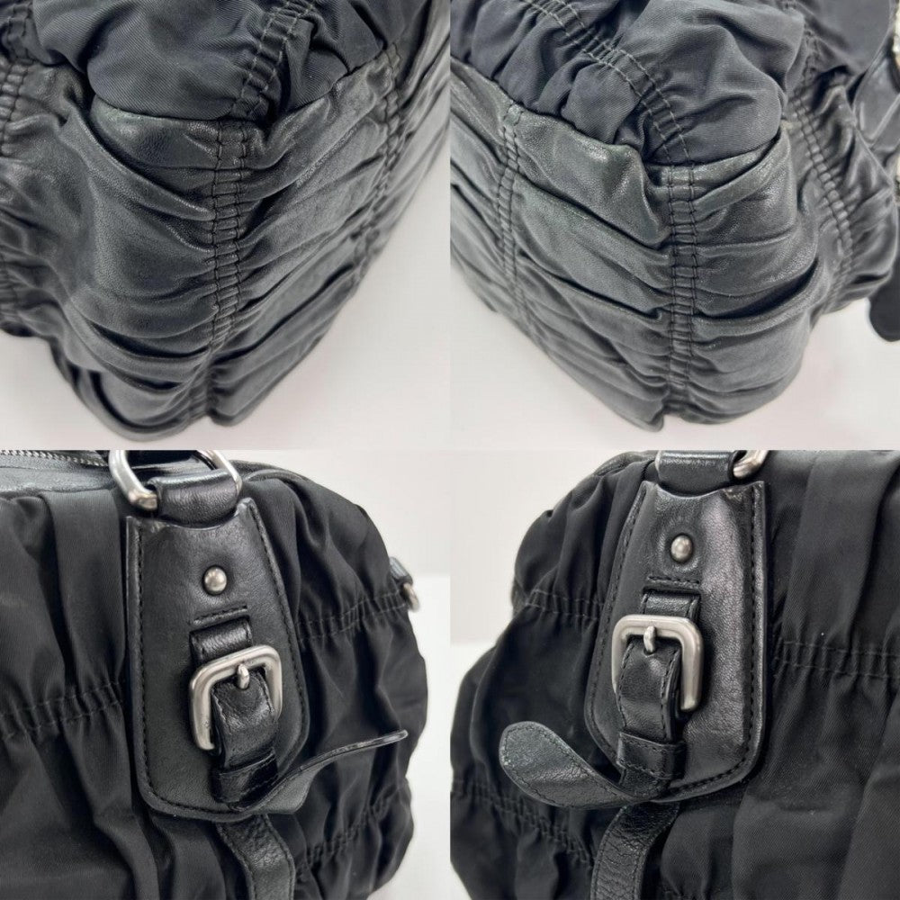 PRADA プラダ ハンドバッグ 三角プレート ロゴ 編み込みハンドル ギャザー レザー ブラック 黒 シルバー金具 レディース【中古品】