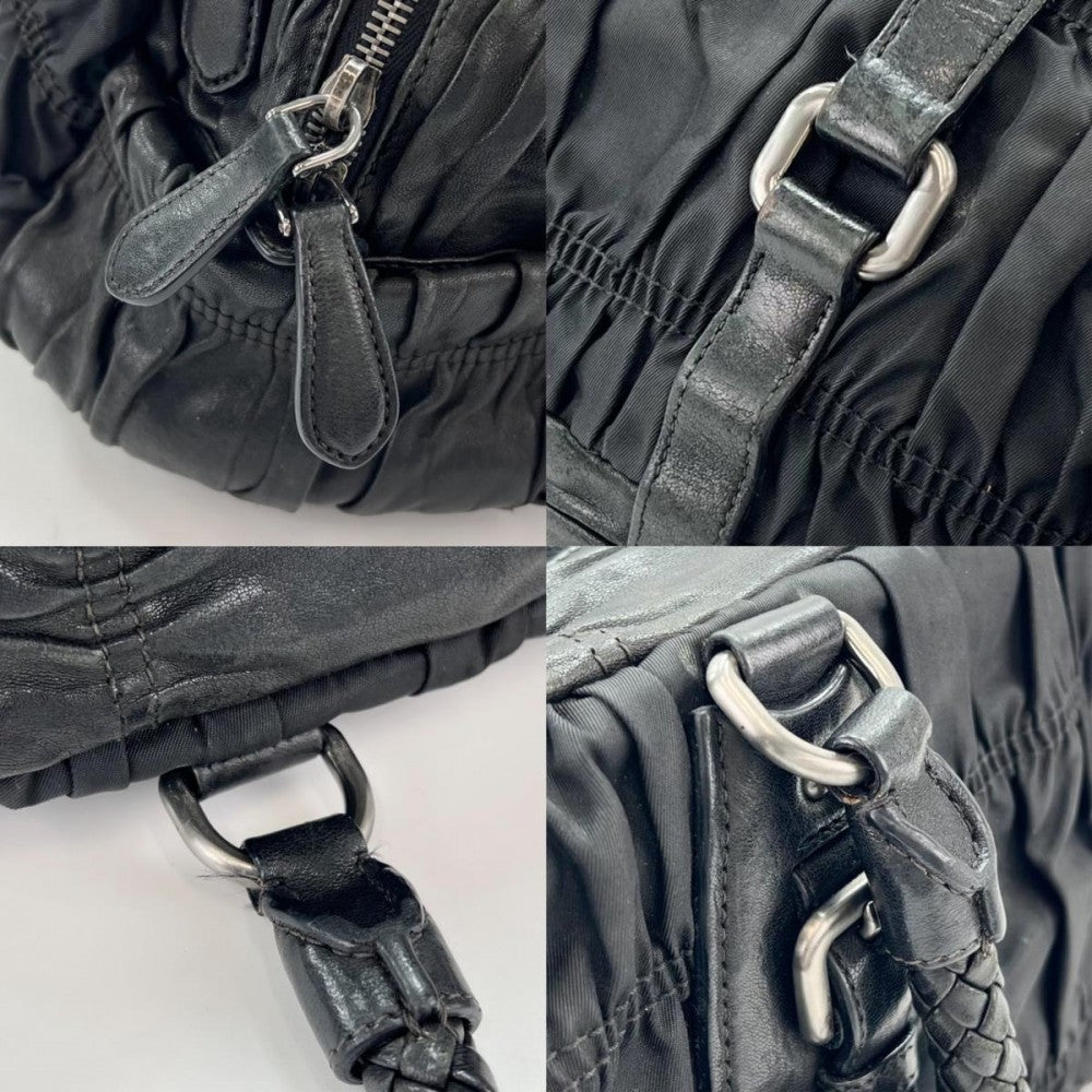 PRADA プラダ ハンドバッグ 三角プレート ロゴ 編み込みハンドル ギャザー レザー ブラック 黒 シルバー金具 レディース【中古品】