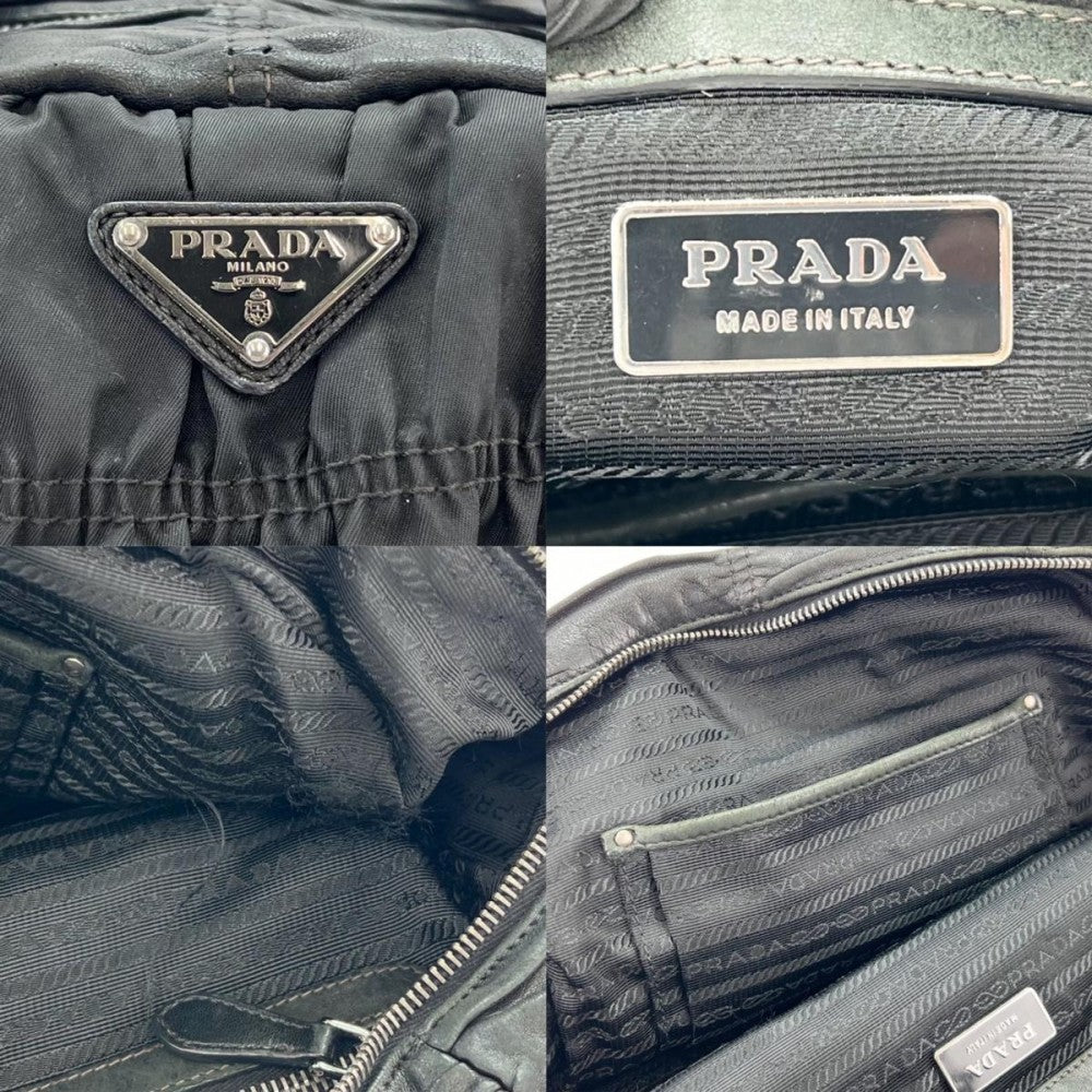PRADA プラダ ハンドバッグ 三角プレート ロゴ 編み込みハンドル ギャザー レザー ブラック 黒 シルバー金具 レディース【中古品】