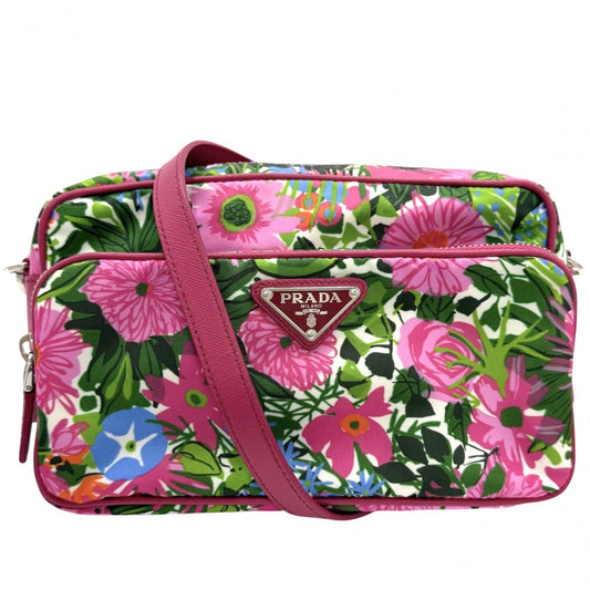 PRADA プラダ ショルダーバッグ ポシェット トライアングルロゴ 花柄 フラワー BT1010 ナイロン レザー ピンク シルバー金具 レディース【中古品】