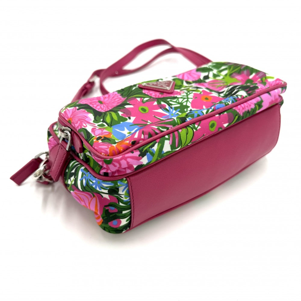 PRADA プラダ ショルダーバッグ ポシェット トライアングルロゴ 花柄 フラワー BT1010 ナイロン レザー ピンク シルバー金具 レディース【中古品】