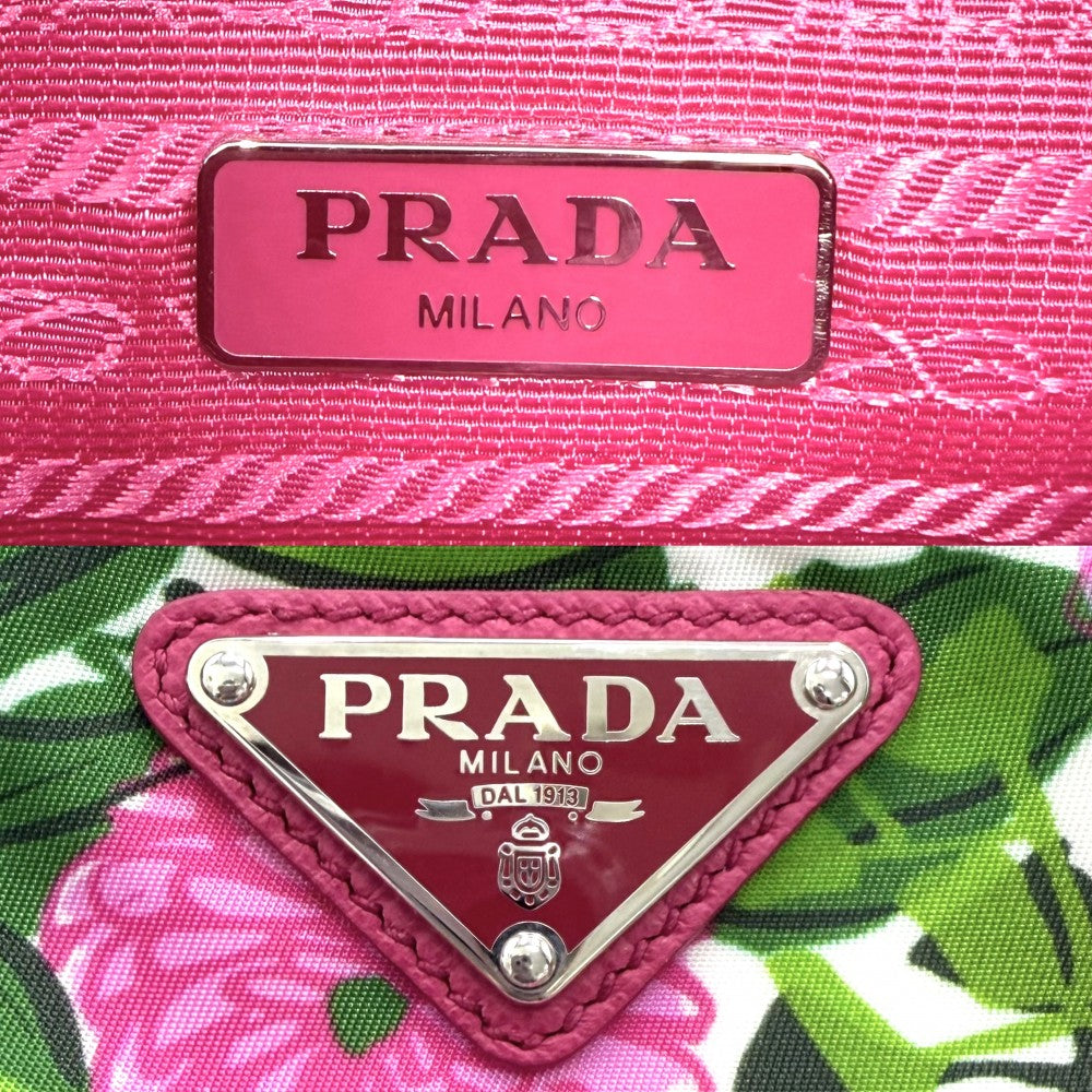 PRADA プラダ ショルダーバッグ ポシェット トライアングルロゴ 花柄 フラワー BT1010 ナイロン レザー ピンク シルバー金具 レディース【中古品】