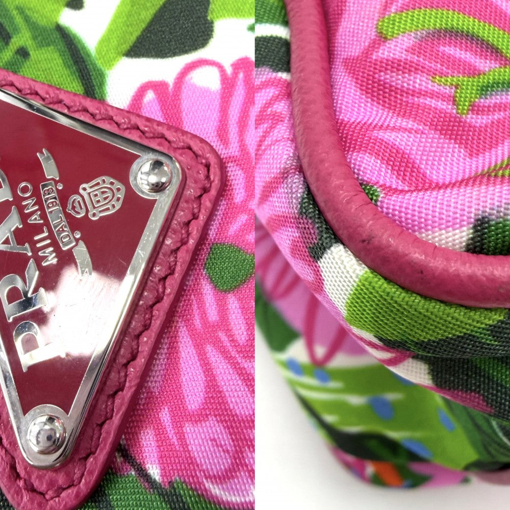 PRADA プラダ ショルダーバッグ ポシェット トライアングルロゴ 花柄 フラワー BT1010 ナイロン レザー ピンク シルバー金具 レディース【中古品】