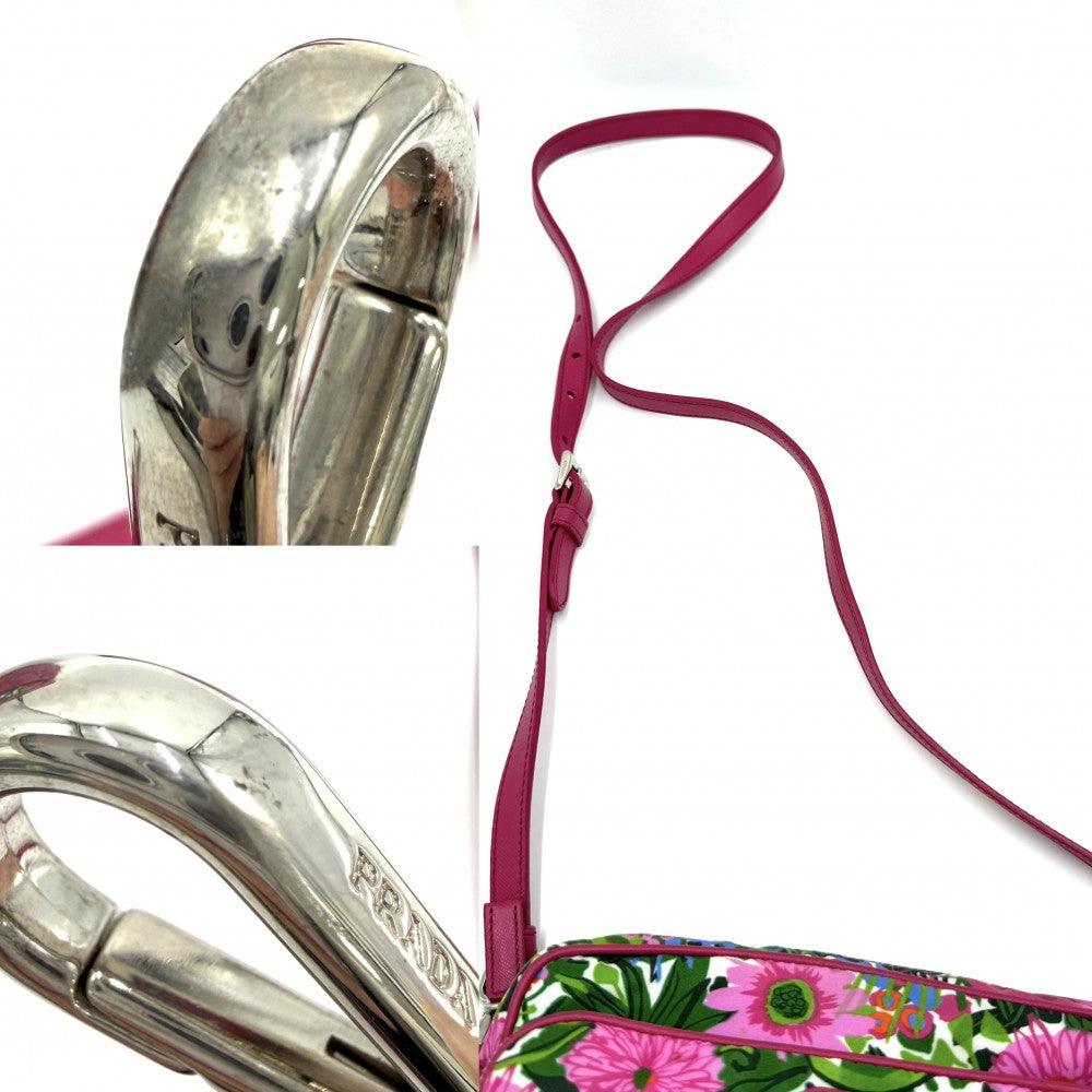 PRADA プラダ ショルダーバッグ ポシェット トライアングルロゴ 花柄 フラワー BT1010 ナイロン レザー ピンク シルバー金具 レディース【中古品】