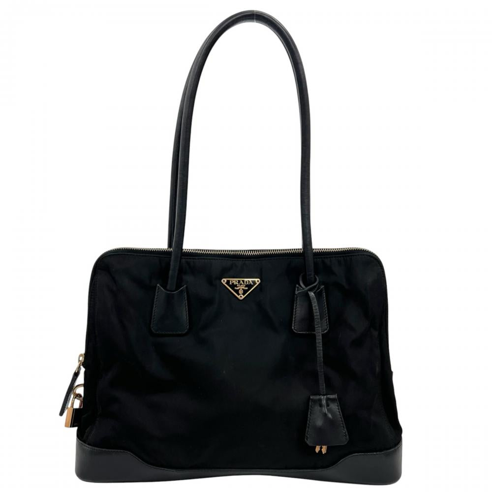 PRADA プラダ ハンドバッグ テスート トライアングルロゴ BR0098 ナイロン レザー ブラック 黒 ゴールド金具 レディース【中古品】