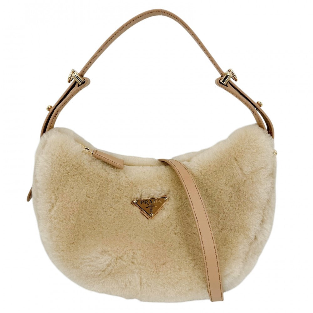 PRADA プラダ 2WAY アーケ ハンドバッグ ショルダーバッグ 1BC194 フェイクファー レザー ベージュ ゴールド金具 レディース【中古品】