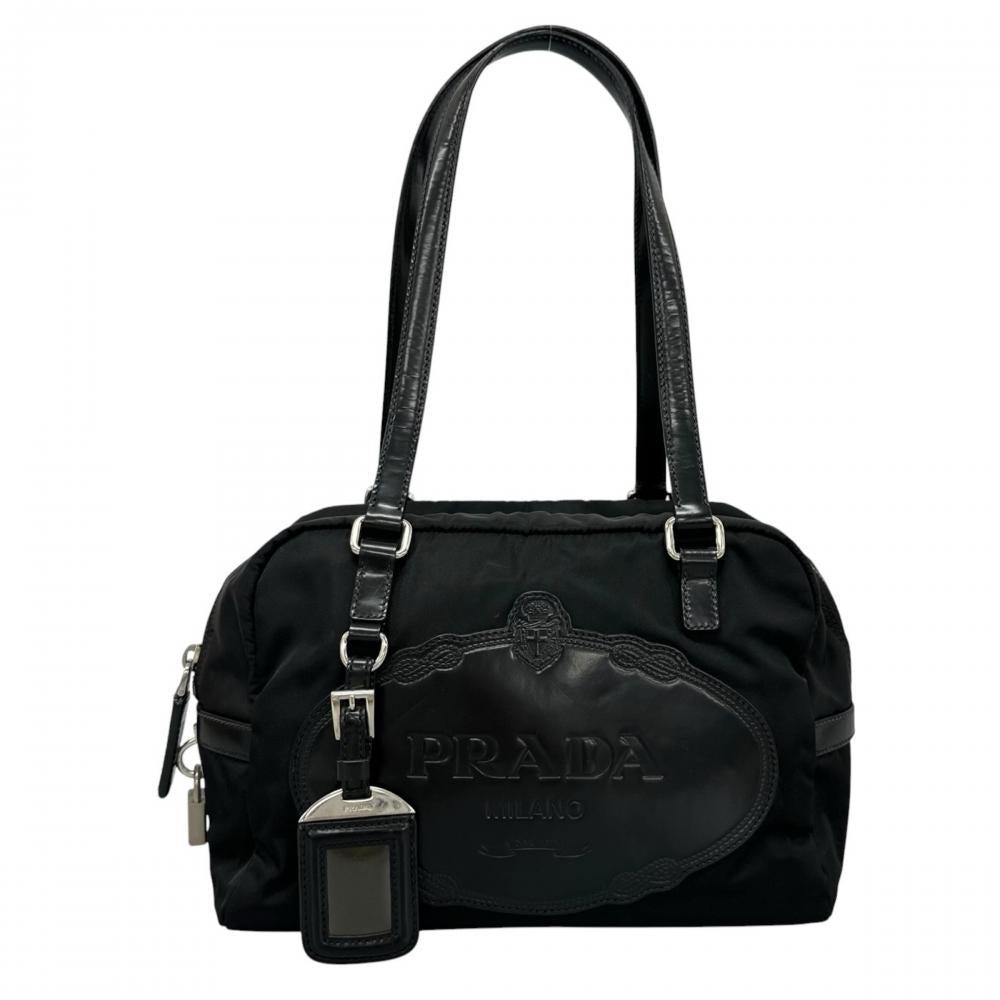 PRADA プラダ トートバッグ エンボスロゴ ミニボストン BR3150 ナイロン レザー ブラック 黒 シルバー金具 レディース【中古品】