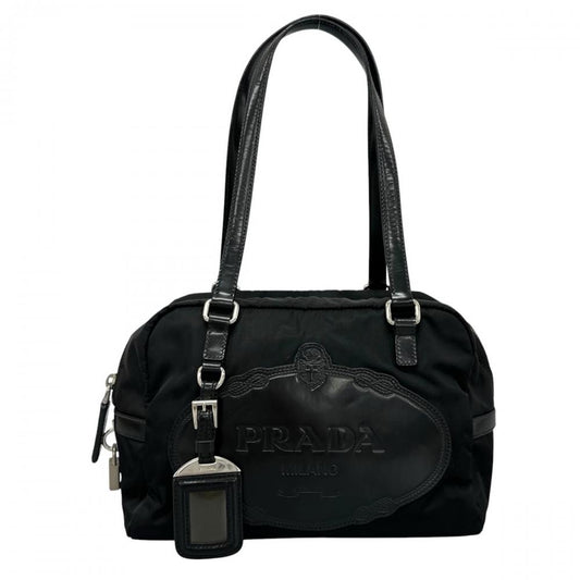 PRADA プラダ トートバッグ エンボスロゴ ミニボストン BR3150 ナイロン レザー ブラック 黒 シルバー金具 レディース【中古品】