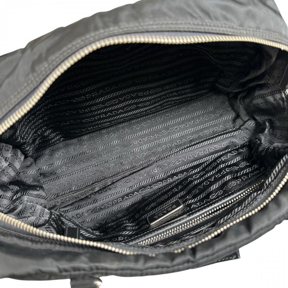 PRADA プラダ トートバッグ エンボスロゴ ミニボストン BR3150 ナイロン レザー ブラック 黒 シルバー金具 レディース【中古品】
