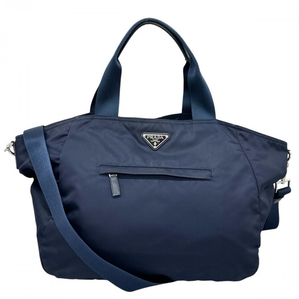 PRADA プラダ トートバッグ 2WAY トライアングルロゴ ナイロン サフィアーノレザー ネイビー 紺 シルバー金具 メンズ【中古品】