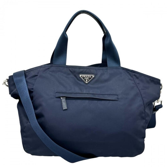 PRADA プラダ トートバッグ 2WAY トライアングルロゴ ナイロン サフィアーノレザー ネイビー 紺 シルバー金具 メンズ【中古品】