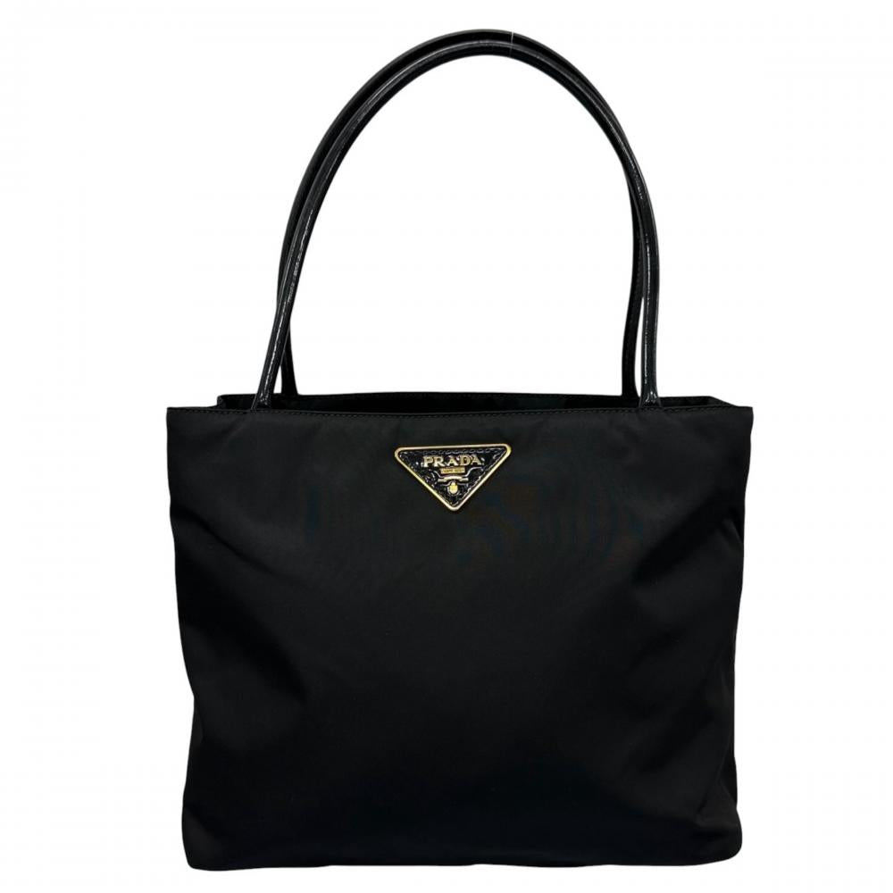 PRADA プラダ トートバッグ トライアングルロゴ BR3855 ナイロン エナメル ブラック 黒 ゴールド金具 レディース【中古品】