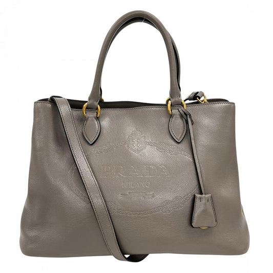 PRADA プラダ 2WAY エンボスロゴ ハンドバッグ ショルダーバッグ 1BA579 レザー グレージュ ゴールド金具 レディース【中古品】