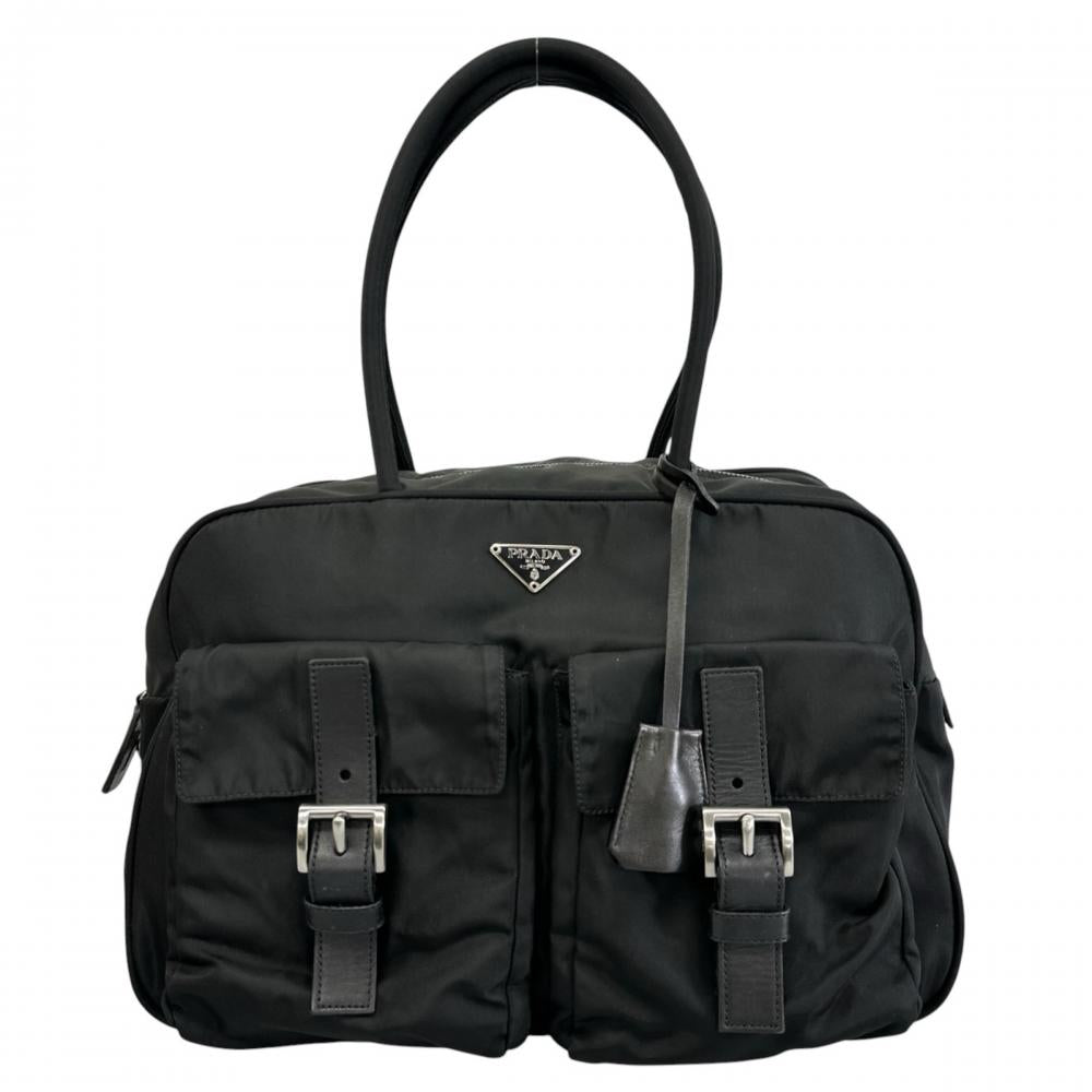 PRADA プラダ トートバッグ トライアングルロゴ ボーリングバッグ BR0496 ナイロン ブラック 黒 シルバー金具 レディース【中古品】