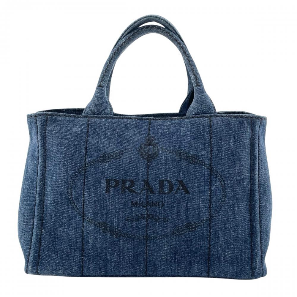 PRADA プラダ トートバッグ カナパ デニム生地 ハンドバッグ コットンキャンバス ブルー 青 ゴールド金具 レディース【中古品】