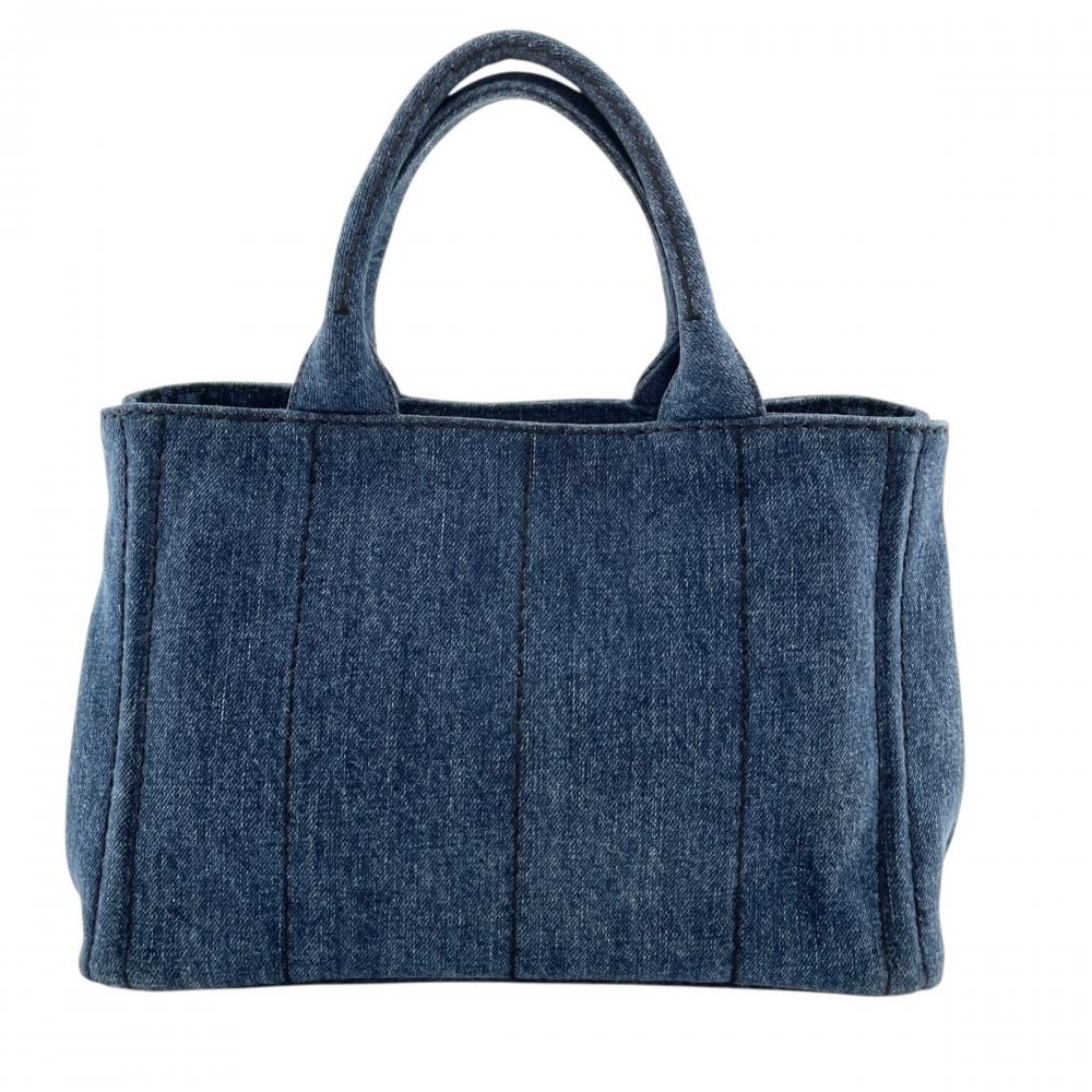 PRADA プラダ トートバッグ カナパ デニム生地 ハンドバッグ コットンキャンバス ブルー 青 ゴールド金具 レディース【中古品】