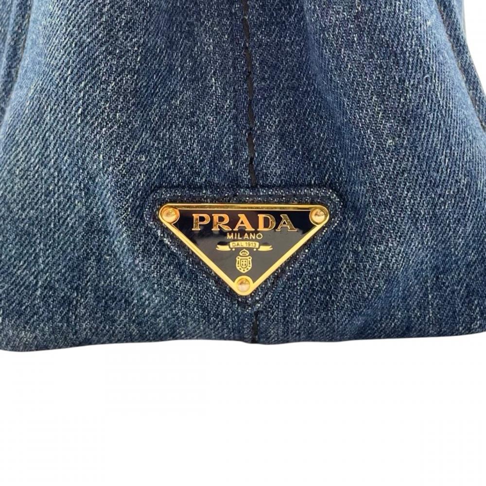 PRADA プラダ トートバッグ カナパ デニム生地 ハンドバッグ コットンキャンバス ブルー 青 ゴールド金具 レディース【中古品】