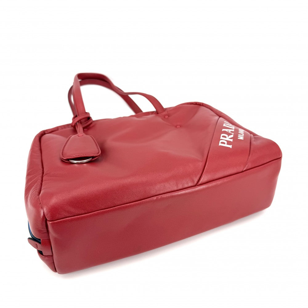 PRADA プラダ ハンドバッグ ナッパ トートバッグ 1BB052 レザー レッド 赤 ブルー 青 シルバー金具 レディース【中古品】