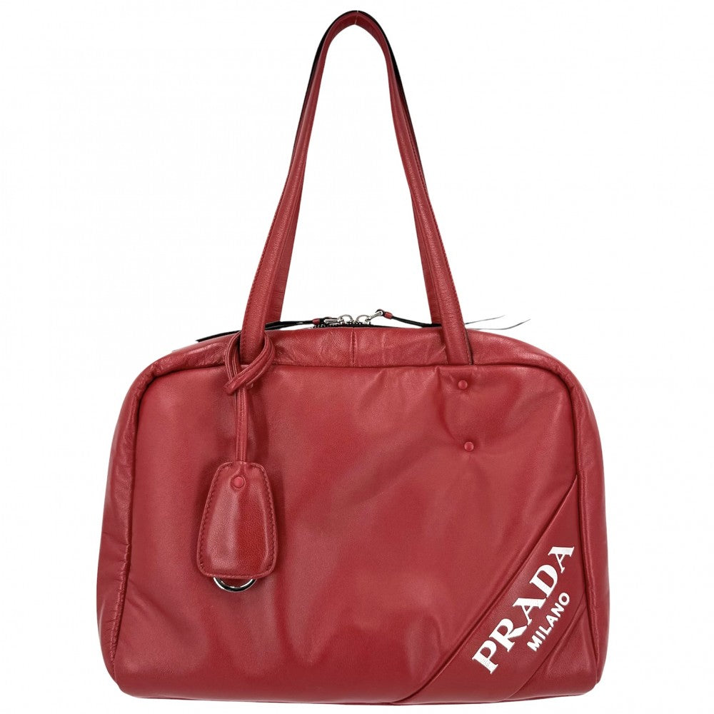 PRADA プラダ ハンドバッグ ナッパ トートバッグ 1BB052 レザー レッド 赤 ブルー 青 シルバー金具 レディース【中古品】