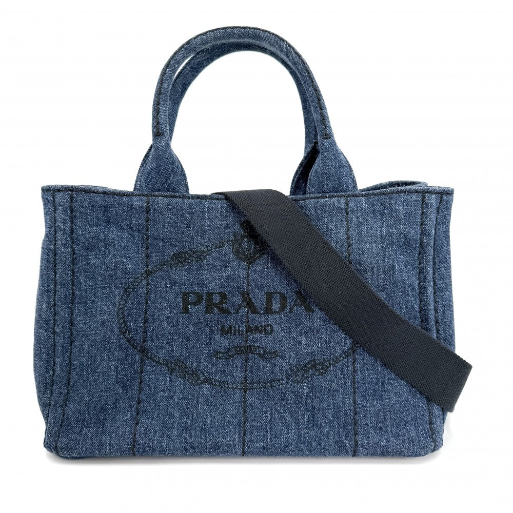 PRADA プラダ 2WAY カナパ ミニ デニム ハンドバッグ ショルダーバッグ トライアングルロゴ 1BG439 コットン インディゴ ゴールド金具 レディース【中古品】