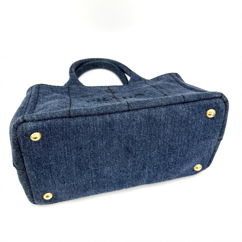 PRADA プラダ 2WAY カナパ ミニ デニム ハンドバッグ ショルダーバッグ トライアングルロゴ 1BG439 コットン インディゴ ゴールド金具 レディース【中古品】