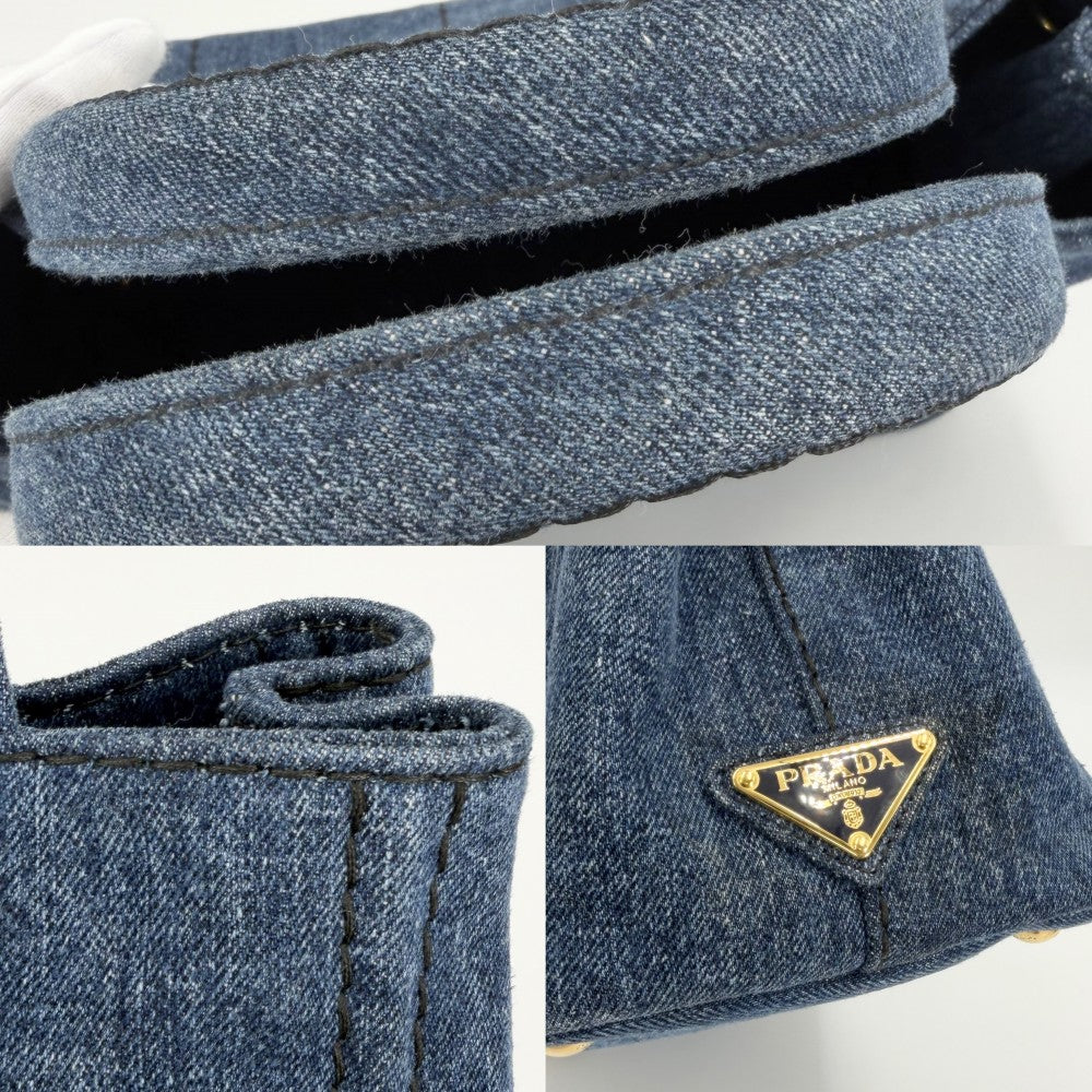 PRADA プラダ 2WAY カナパ ミニ デニム ハンドバッグ ショルダーバッグ トライアングルロゴ 1BG439 コットン インディゴ ゴールド金具 レディース【中古品】