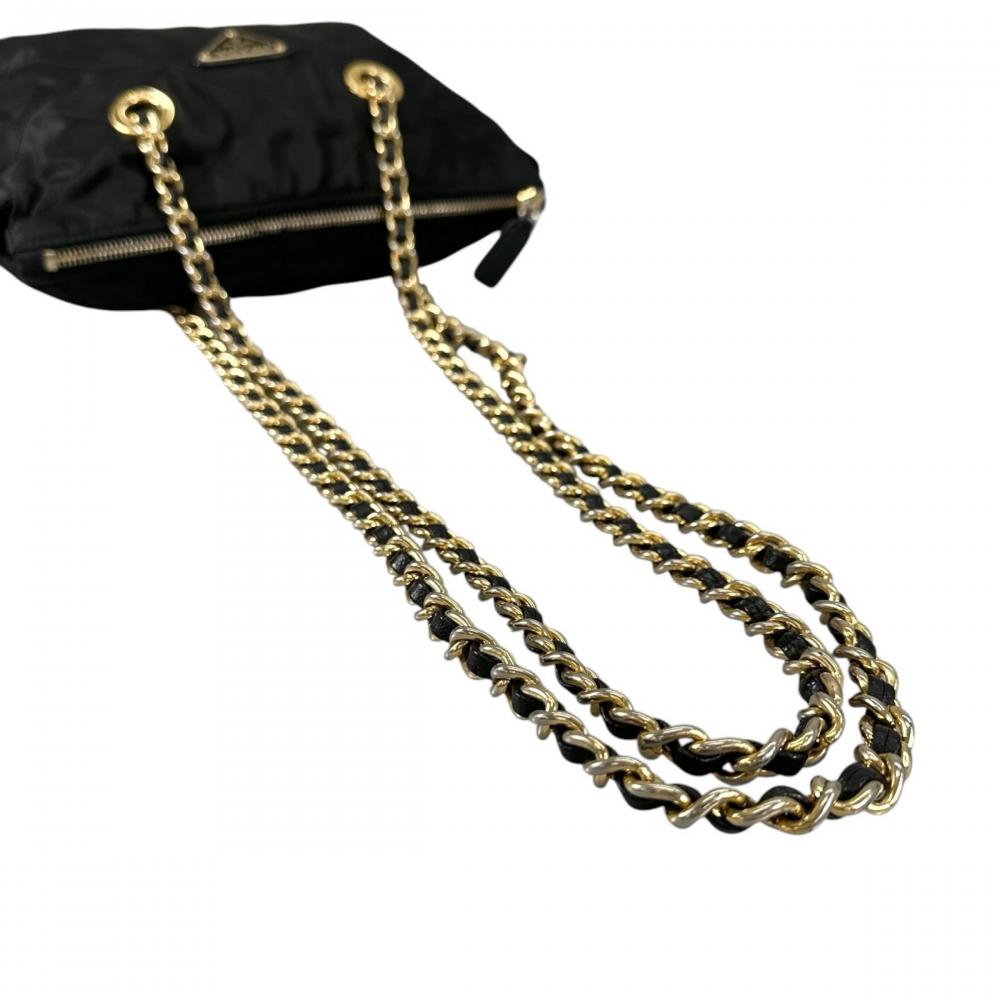 PRADA プラダ トートバッグ キルティング トライアングルロゴ チェーンショルダー ナイロン ブラック 黒 ゴールド金具 レディース【中古品】