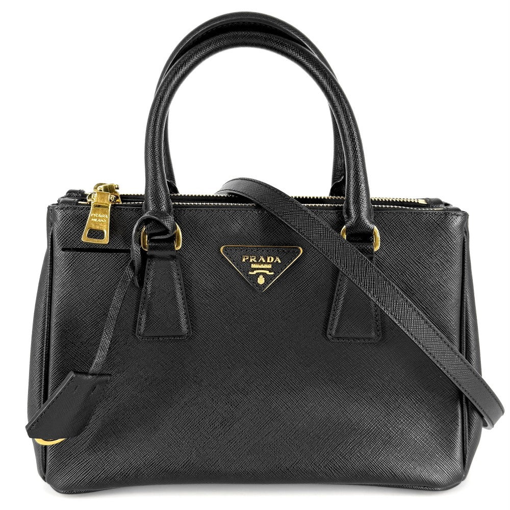 PRADA プラダ 2WAY トライアングルロゴ ガレリア スモール ハンドバッグ ショルダーバッグ 1BA896 レザー ブラック 黒 ゴールド金具 レディース【中古品】