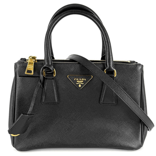 PRADA プラダ 2WAY トライアングルロゴ ガレリア スモール ハンドバッグ ショルダーバッグ 1BA896 レザー ブラック 黒 ゴールド金具 レディース【中古品】