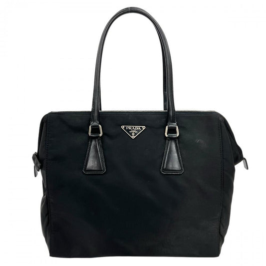 PRADA プラダ ハンドバッグ テスート 三角ロゴプレート ナイロン レザー ブラック 黒 シルバー金具 レディース【中古品】