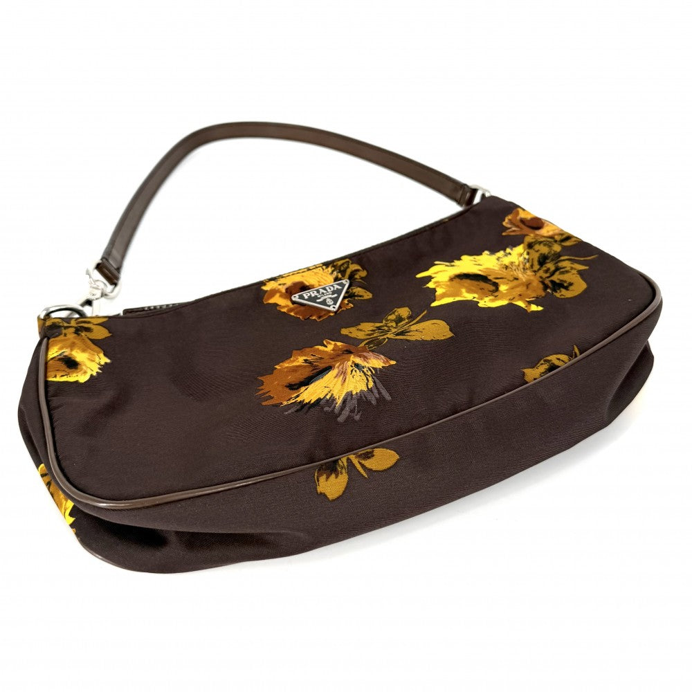 PRADA プラダ ハンドバッグ 花柄 フラワー ワンハンドバッグ ナイロン レザー ブラウン 茶 イエロー シルバー金具 レディース【中古品】