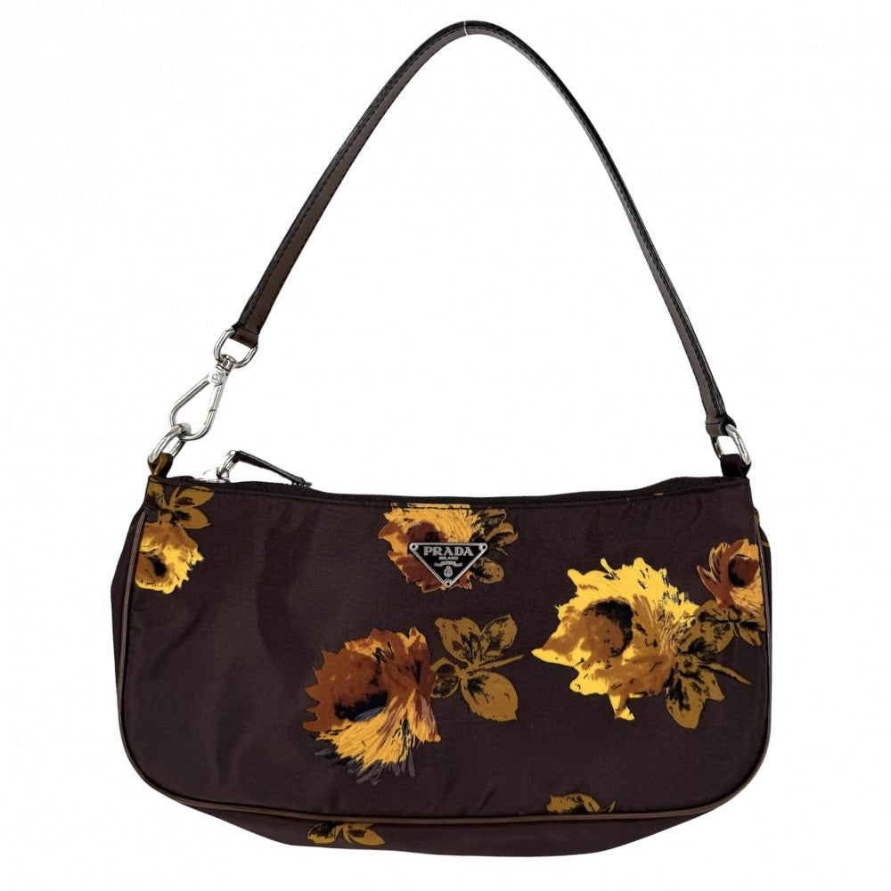 PRADA プラダ ハンドバッグ 花柄 フラワー ワンハンドバッグ ナイロン レザー ブラウン 茶 イエロー シルバー金具 レディース【中古品】