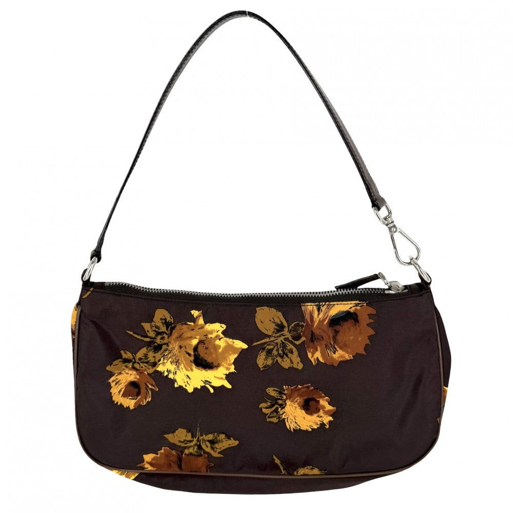 PRADA プラダ ハンドバッグ 花柄 フラワー ワンハンドバッグ ナイロン レザー ブラウン 茶 イエロー シルバー金具 レディース【中古品】
