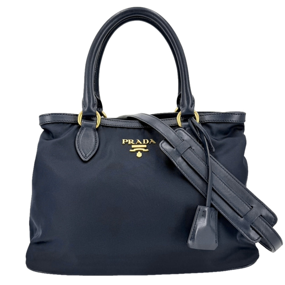 PRADA プラダ 2WAY ショルダーバッグ ハンドバッグ ナイロン レザー ネイビー 紺 ゴールド金具 レディース【中古品】