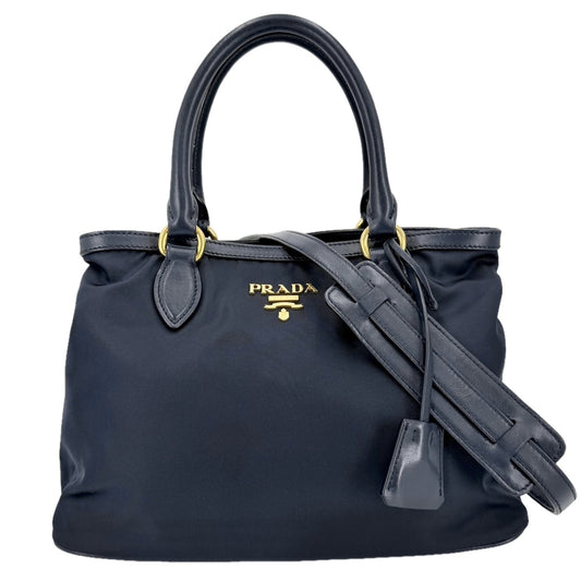 PRADA プラダ 2WAY ショルダーバッグ ハンドバッグ ナイロン レザー ネイビー 紺 ゴールド金具 レディース【中古品】