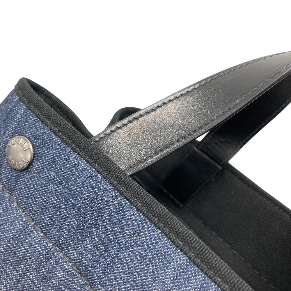 PRADA プラダ トートバッグ カナパ デニム生地 ハンドバッグ 1BG311 コットンデニム レザー ブルー 青 ゴールド金具 レディース【中古品】