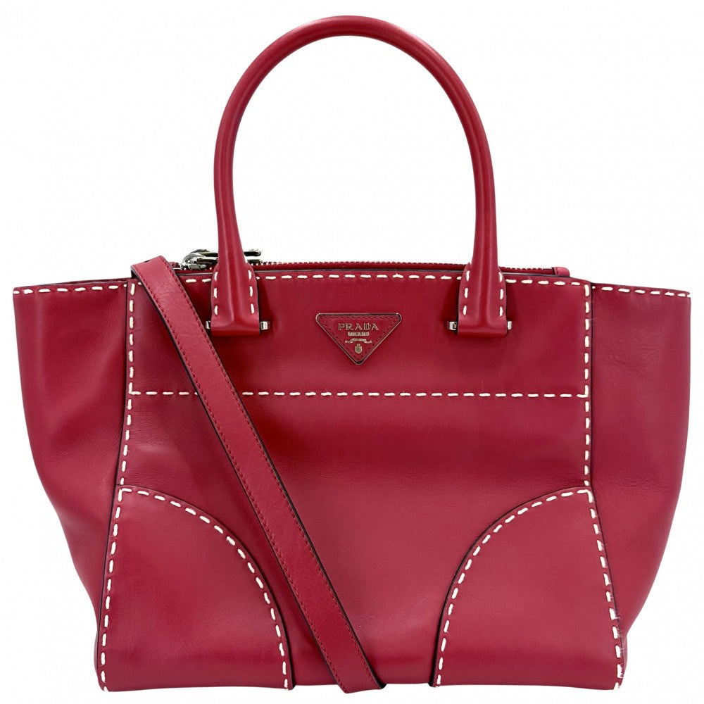 PRADA プラダ 2WAY ハンドバッグ ショルダーバッグ トライアングルロゴ レザー レッド 赤 シルバー金具 レディース【中古品】