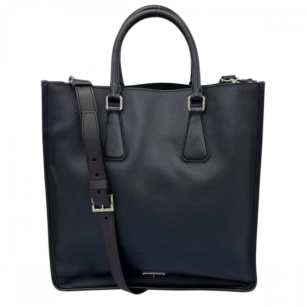 PRADA プラダ トートバッグ トライアングルロゴ サフィアーノレザー ブラック 黒 シルバー金具 メンズ【中古品】