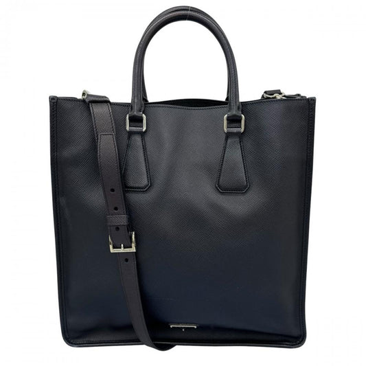PRADA プラダ トートバッグ トライアングルロゴ サフィアーノレザー ブラック 黒 シルバー金具 メンズ【中古品】
