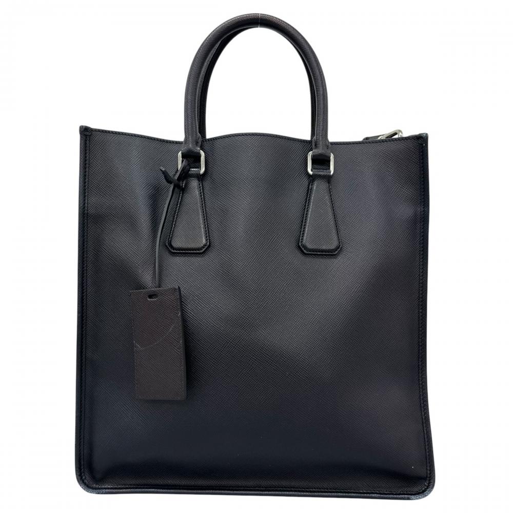 PRADA プラダ トートバッグ トライアングルロゴ サフィアーノレザー ブラック 黒 シルバー金具 メンズ【中古品】
