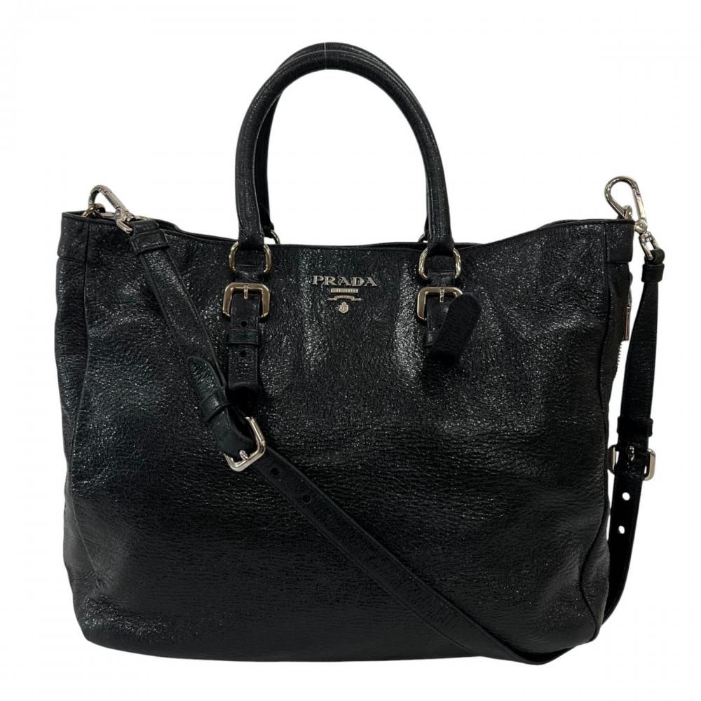 PRADA プラダ トートバッグ メタルロゴ レザー ブラック 黒 ゴールドシルバー金具 レディース【中古品】