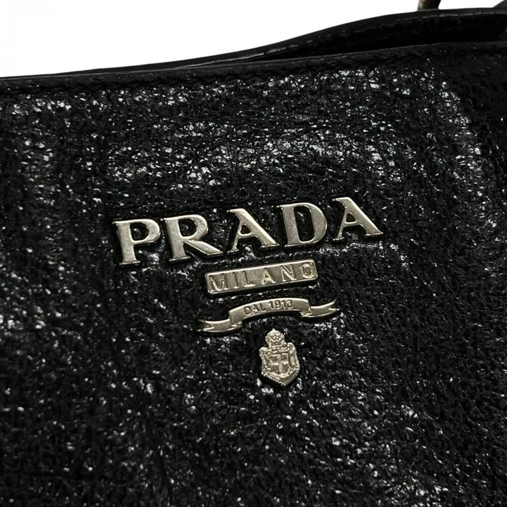 PRADA プラダ トートバッグ メタルロゴ レザー ブラック 黒 ゴールドシルバー金具 レディース【中古品】