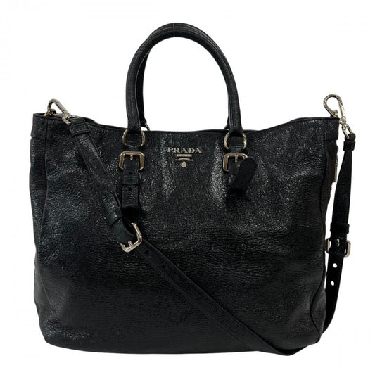 PRADA プラダ トートバッグ メタルロゴ レザー ブラック 黒 ゴールドシルバー金具 レディース【中古品】